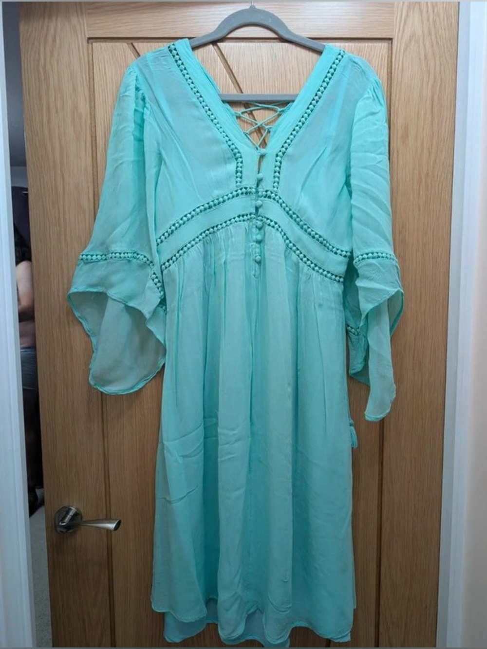 Light Aqua Lace-Up Midi Dress with Crochet Trim